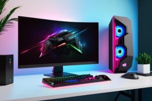 Installation de jeu moderne avec un Ecran PC incurvé et une tour de PC éclairée.